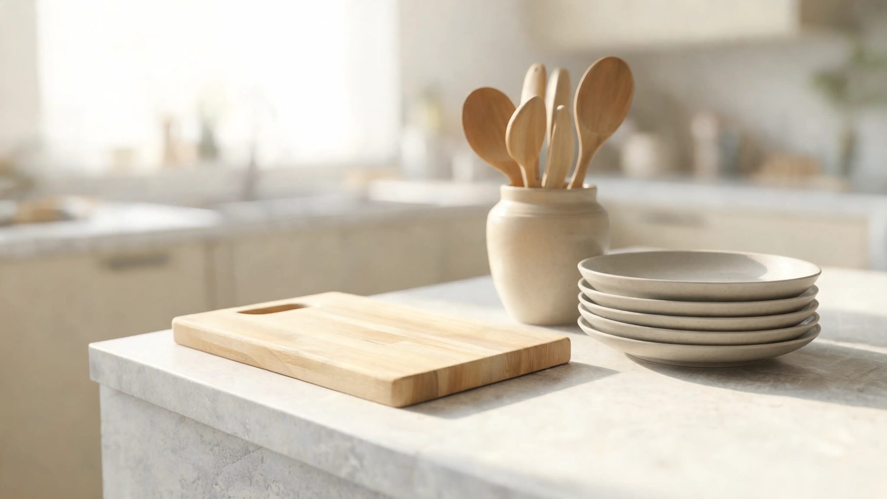 Kitchen bench with a cutting board, a crock of spoons and stacked plates